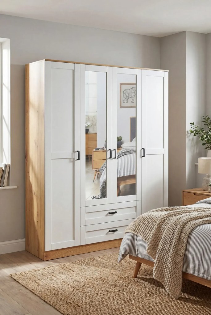 Czterodrzwiowa szafa z lustrem dąb artisan + biały E5-B29