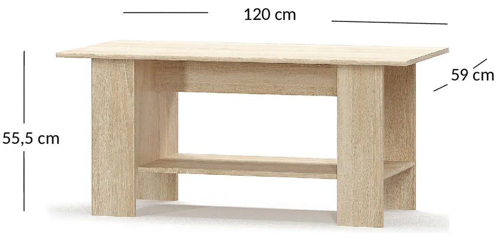 Ława z Półką Drewniana do Salonu DEW 120 cm Dąb sonoma Nowoczesna