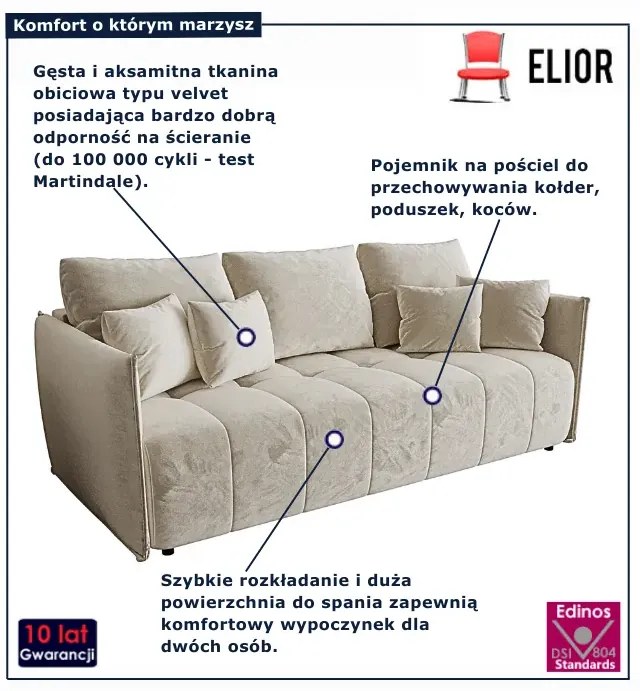 Beżowa rozkładana sofa welurowa W5-C93