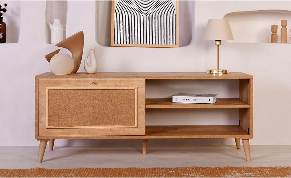 Elegancka dębowa szafka pod telewizor, 138 x 55 x 41 cm | Płyta wiórowa pokryta melaminą w 100%, nogi z drewna grabowego (15 cm) | Idealna do nowoczesnych salonów