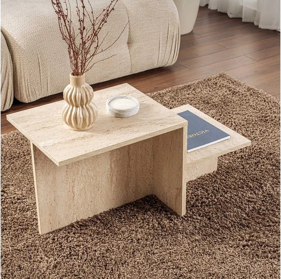 Skandynawski stolik kawowy Harmony 80x40x40 cm beżowy z efektem marmuru trawertyn, płyta wiórowa, bez schowka