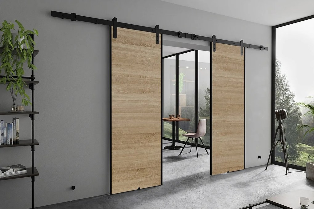 Emporius Drzwi przesuwne 150 cm Ares Duo - drzwi naścienne z systemem regulowanym oraz samodomykaczem - Dąb sonoma