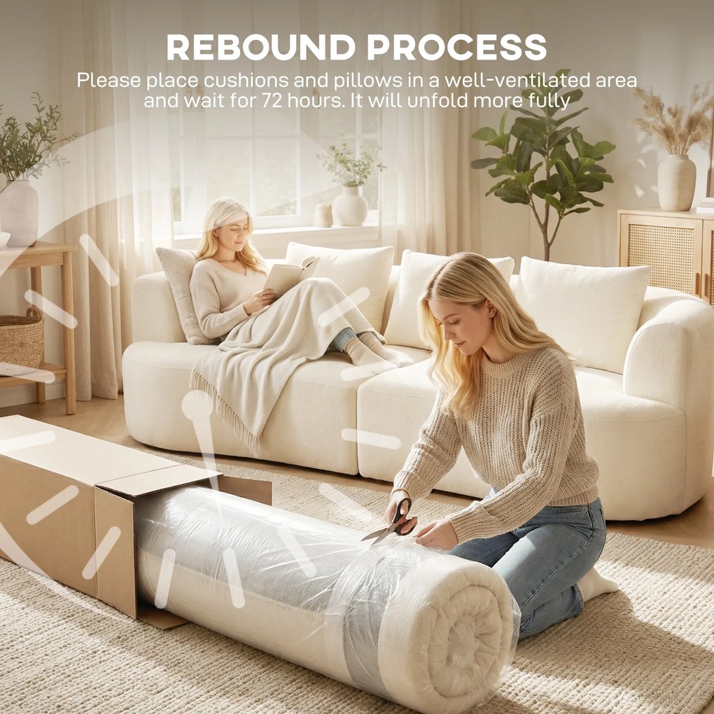 HOMCOM Sofa 3-osobowa, 260 cm sofa chenille z szerokim siedziskiem, sprężyny kieszeniowe, pianka o wysokiej gęstości, 3 poduszki, kremowa biel | Aosom PL