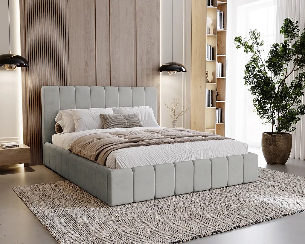 BESILIO Tapicerowane łóżko slim 180x200 Lexy - stelaż metalowy, pojemnik na pościel, slim łóżko, tkanina velurowa - Jasnoszary