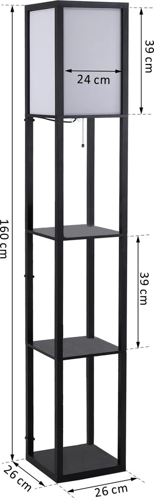 HOMCOM Lampa Stojąca z Półkami Oświetlenie Wewnętrzne E27 Drewno Czarne 26x26x160cm | Aosom PL