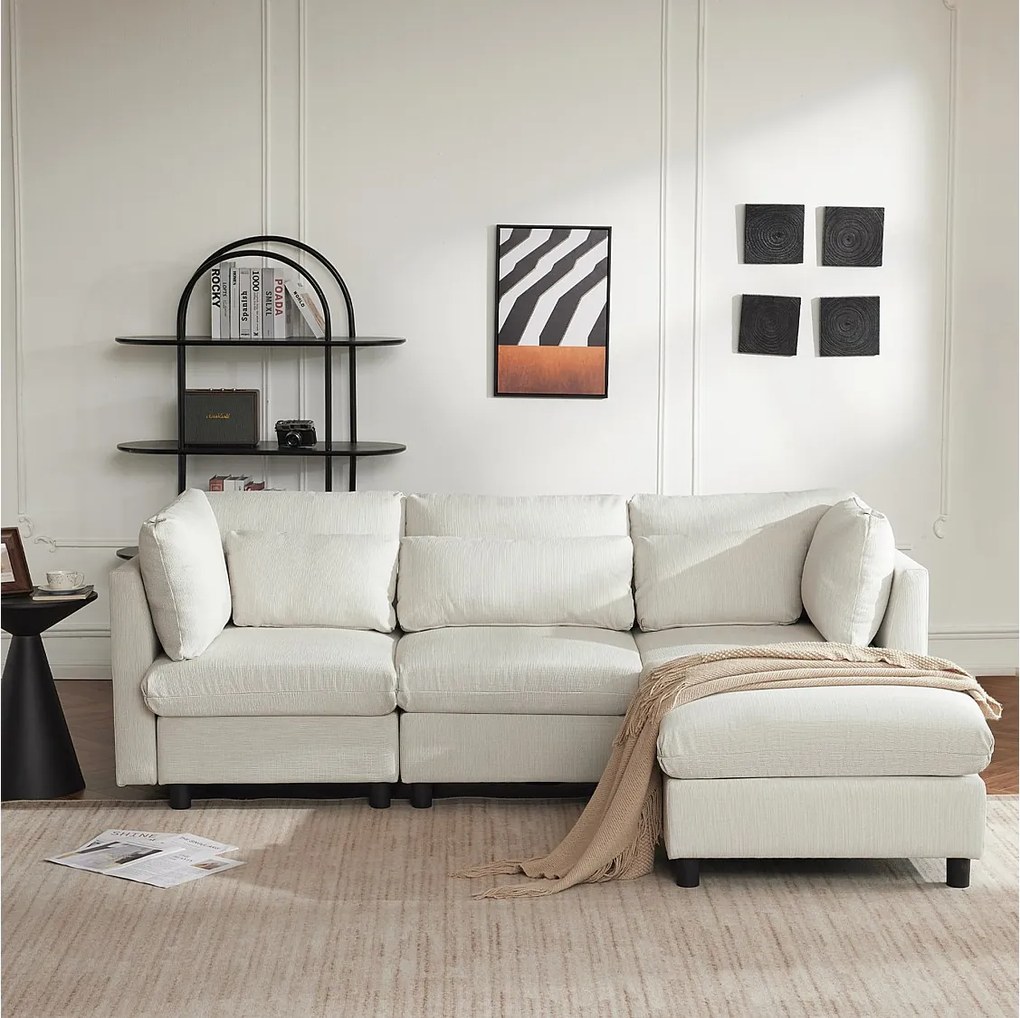 Sofá reversível de canto de 3 lugares com apoio para pés - 220 x 83 x 81 cm - Tecido de linho - Bege