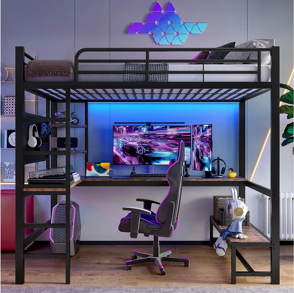 Łóżko antresolowe 90 x 200 cm, łóżko dla dorosłych z biurkiem, portem USB i diodą LED, czarne – bez materaca