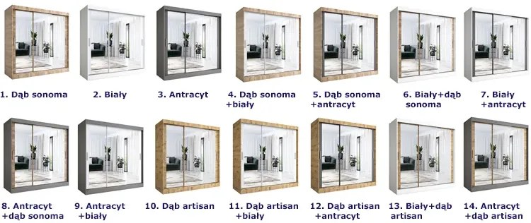 Szafa przesuwna z lustrem antracyt + dąb sonoma 200 cm - Edna 6X