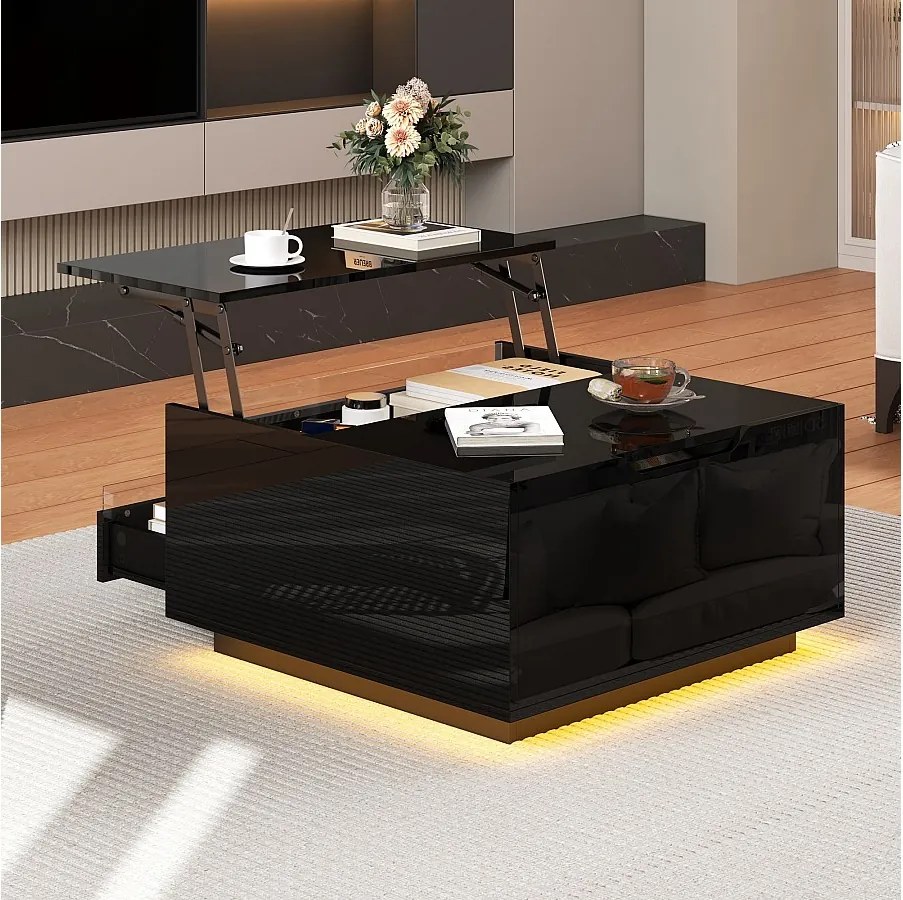 Stolik kawowy LED z podnoszonym blatem, 1 szufladą i 1 drzwiami – wysoki połysk w kolorze czarnym