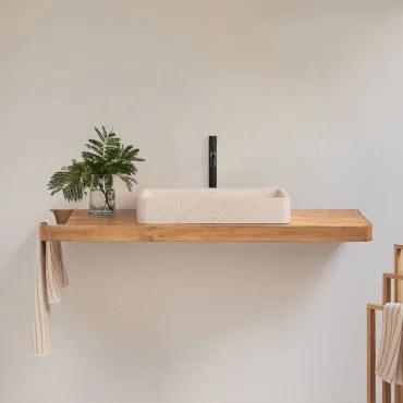 Zestaw Mebli Łazienkowych 130x45 Cm Wiszący Z Drewna Tekowego Neill Drewno Tekowe & Bezlusterkowiec & Czarny Matowy ↑30 Cm Z Zaworem Spustowym Bez Prz