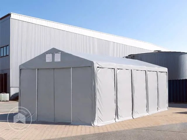 TOOLPORT 6x8m Namiot magazynowy - 3,0 m wysokość ścian bocznych z bramą przesuwną, PVC 850, szary, ze statyką (podłoże betonowe) - (94029)