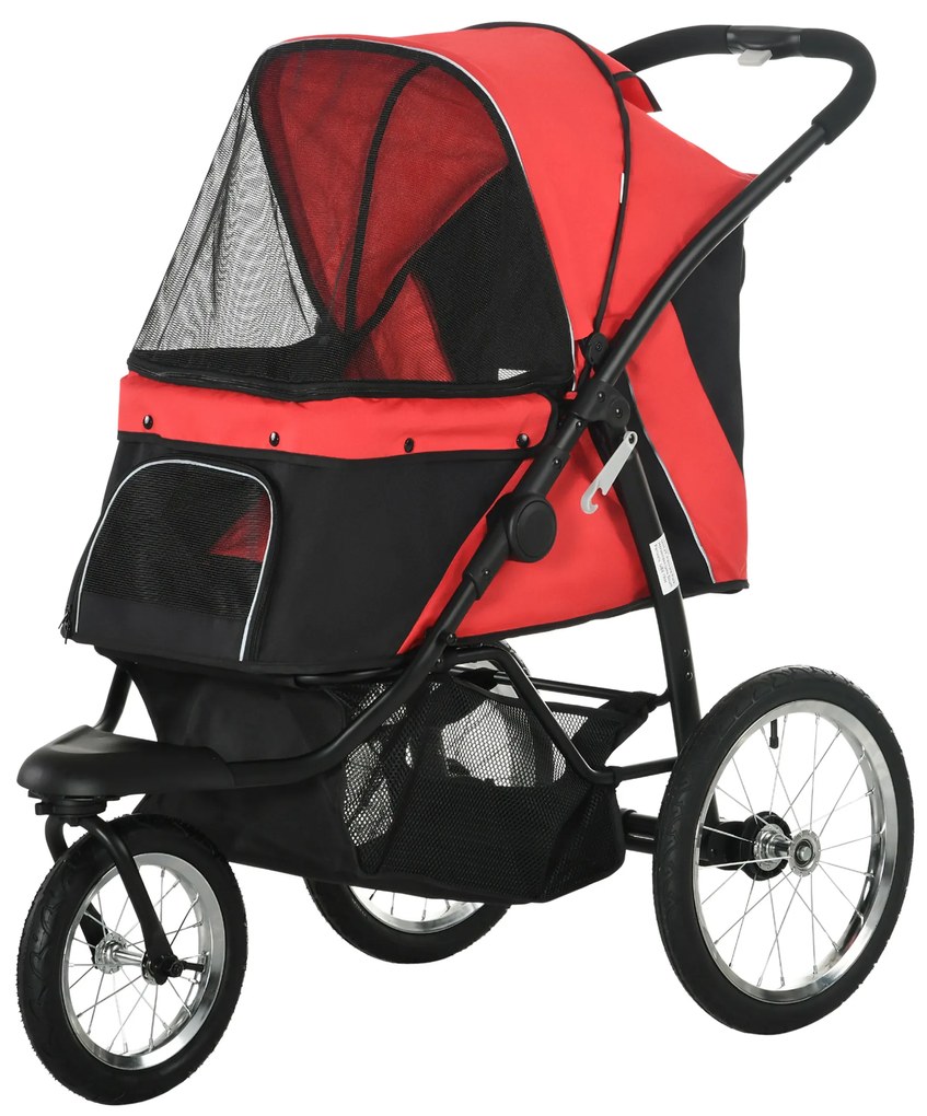 PawHut Wózek dla psów, składany, z daszkiem przeciwsłonecznym, oknami z siatki, koszykiem, czerwony, 111 x 58 x 107 cm | Aosom PL