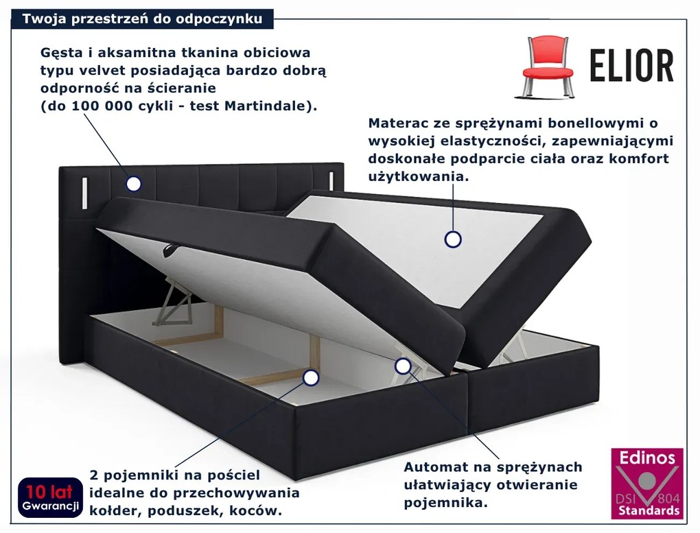 Czarne łóżko kontynentalne z pojemnikami 5 rozmiarówc P0-G23