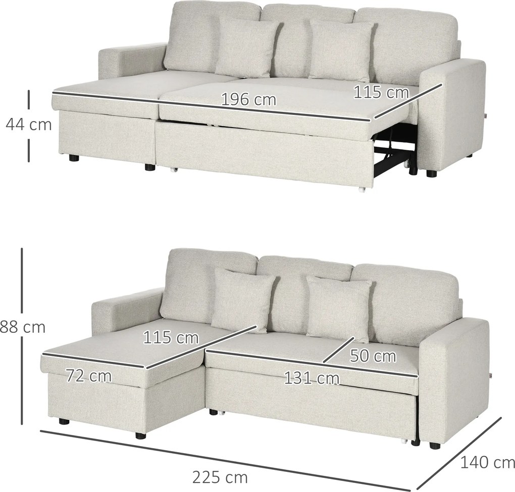 HOMCOM Narożnik z funkcją spania, Zestaw narożny z sofą 2-osobową, Łóżkiem, Narożnikiem L z miejscem do przechowywania, 2 Poduszki Kremowy