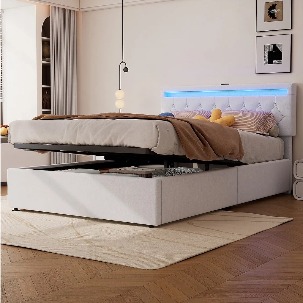 Łóżko z pojemnikiem 140 x 200 cm z portami USB i typu C - diody LED - tkanina lniana - kolor biały