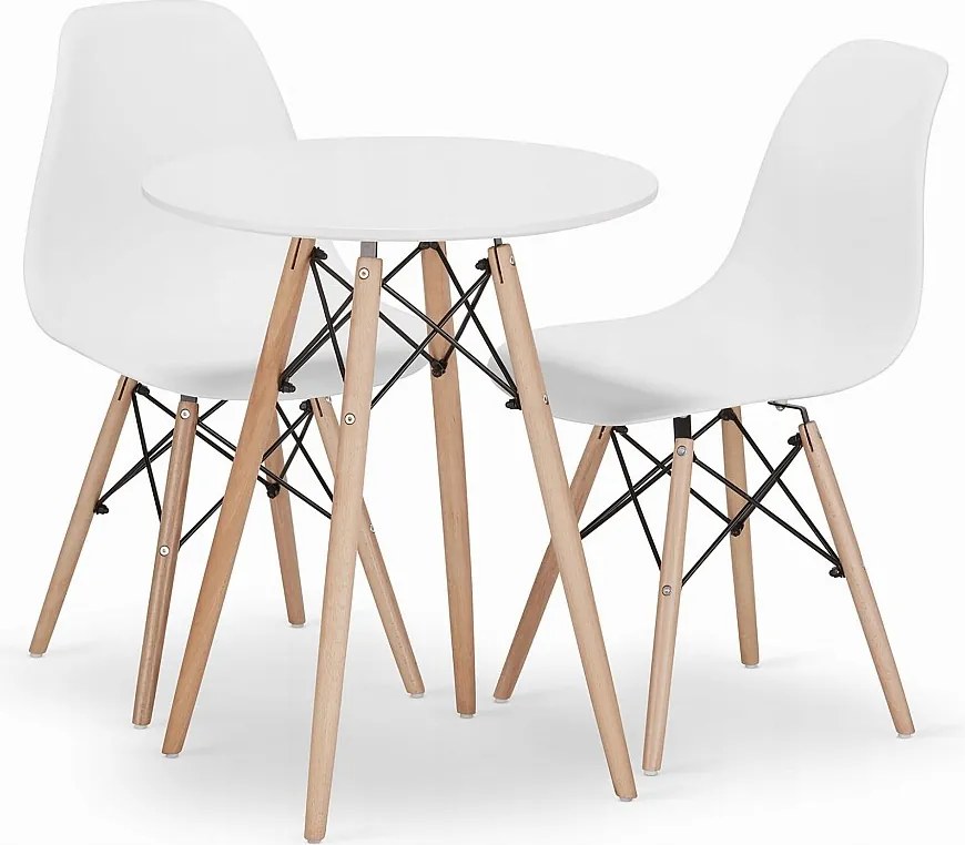 Valora KOVA Ø60 Biały okrągły stół jadalny z nogami bukowymi + 2 krzesła OSAKA