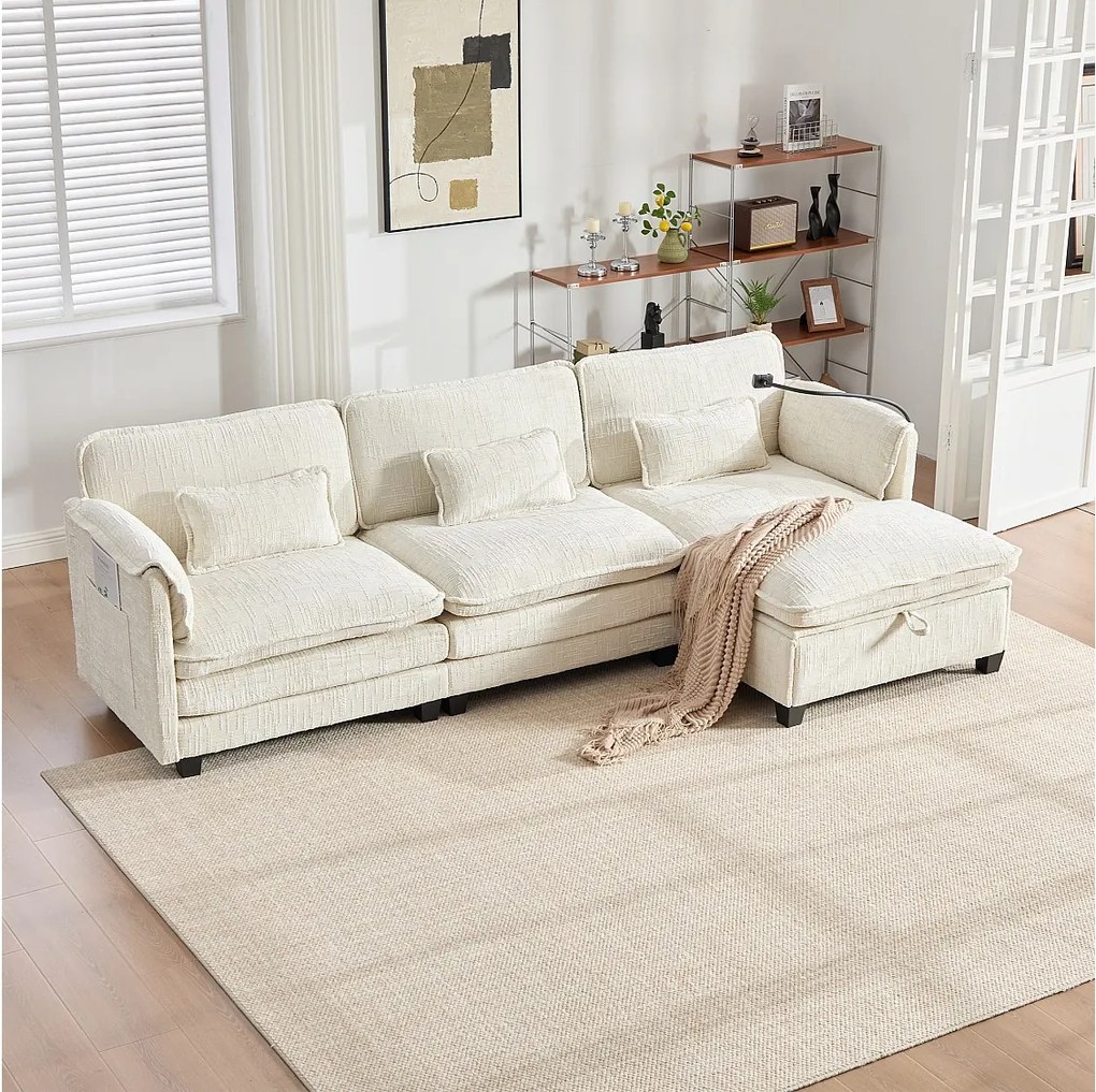 Nowoczesna sofa 3-osobowa - 279 x 83 x 85 cm - z portem USB, kieszenią boczną i podnóżkiem ze schowkiem - aksamitna - beżowa