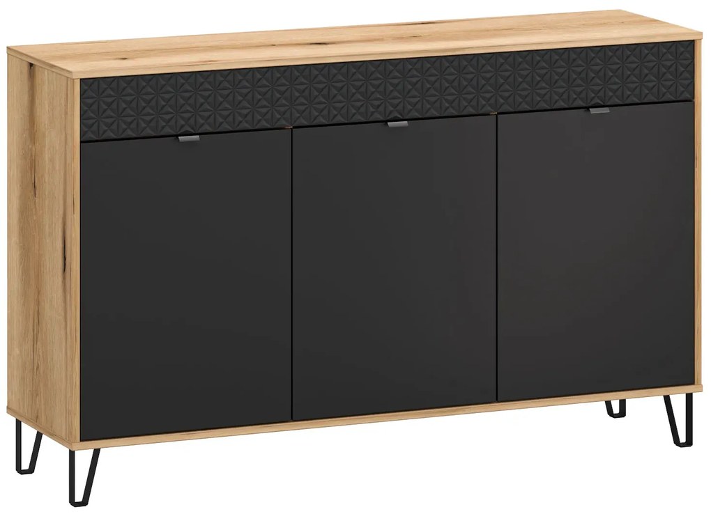 Komoda trzydrzwiowa na nóżkach dąb evok + czarny P7-M65