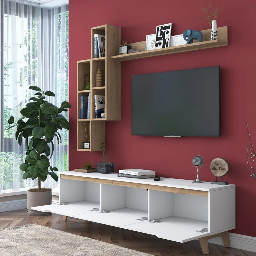 Biały zestaw pod TV w dekorze orzecha 180x49 cm Linh – Kalune Design