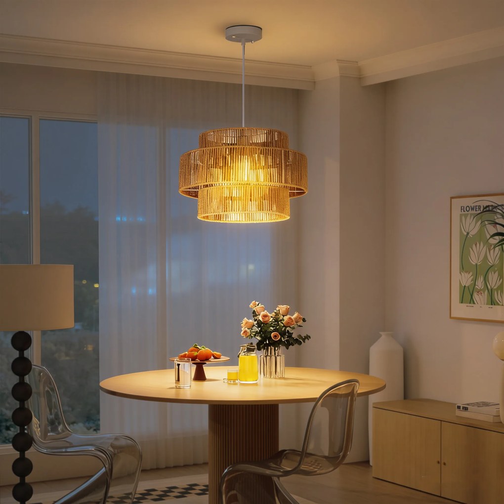 HOMCOM Lampa wisząca, abażur trójwarstwowy, metal, sznur lniany, Jasnobrązowy