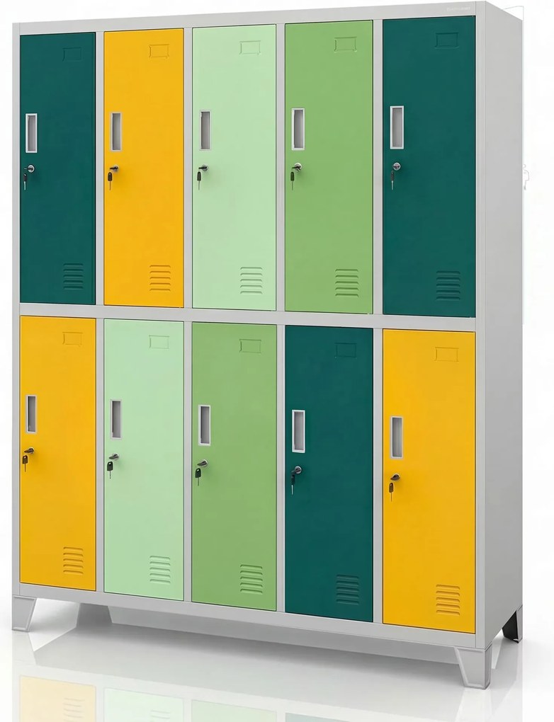 Szafa BHP ubraniowa 10-drzwiowa szaro-zielono-żółta: BARTEK 1360 x 1720 x 450 mm