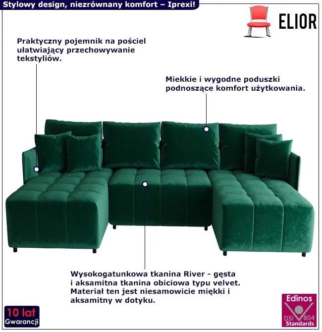Welurowa zielona sofa rozkładana z pojemnikiem na pościel - Szafir