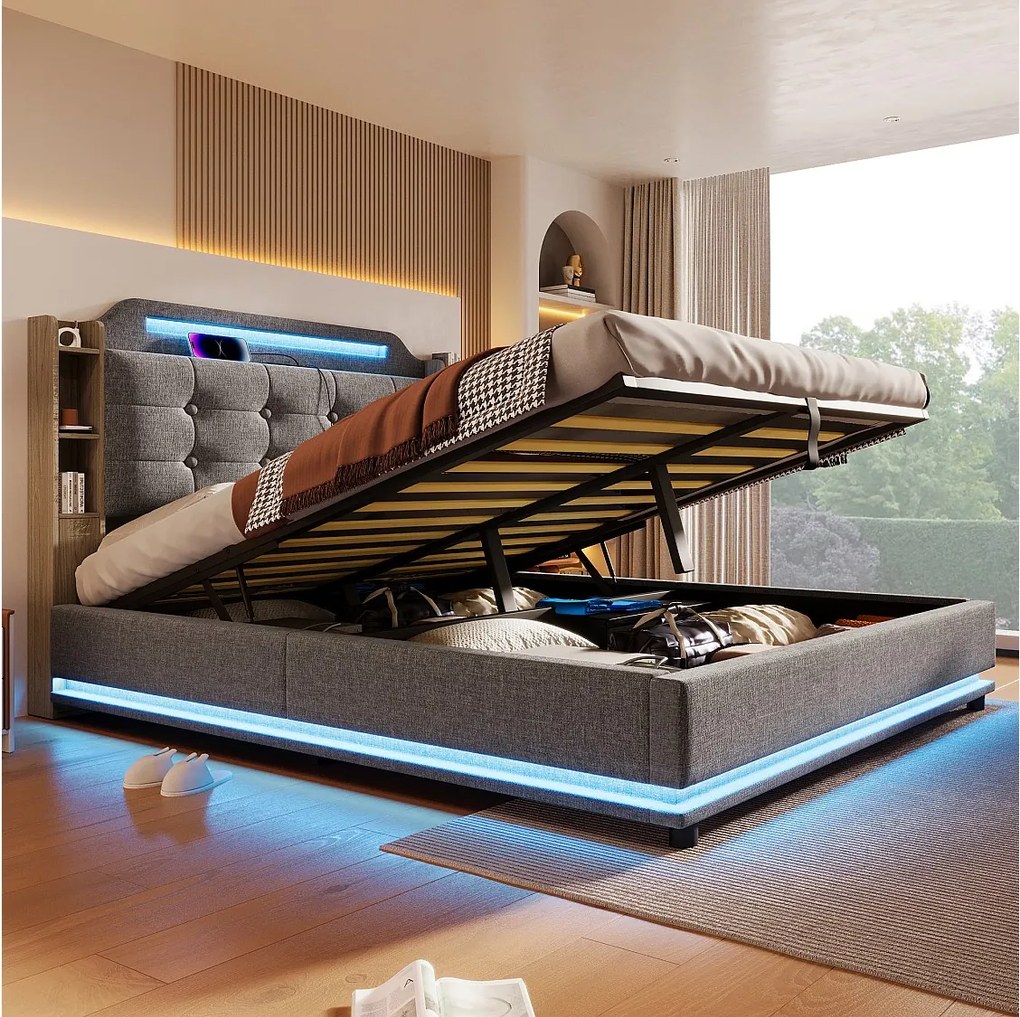 Łóżko ze schowkiem 140x200 cm Łóżko dla dorosłych z diodami LED i USB, tapicerowany zagłówek – szary len (bez materaca)