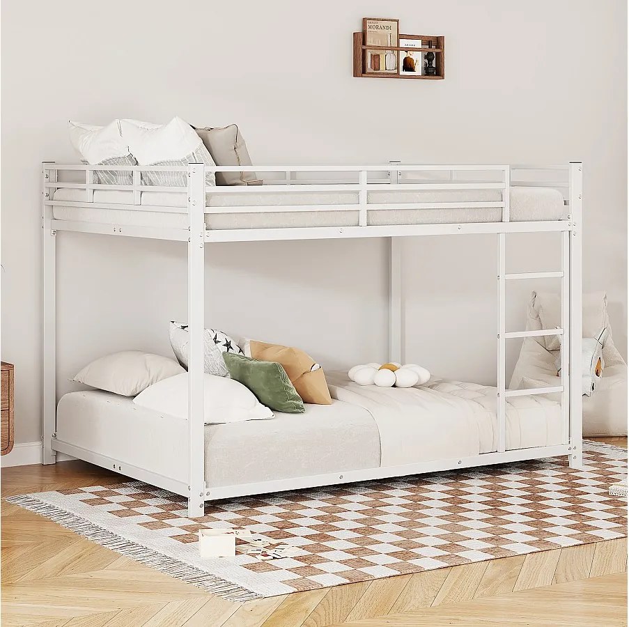 Łóżko piętrowe 140 x 200 cm - Łóżko dziecięce z barierkami i stelażem - Białe - Bez materaca