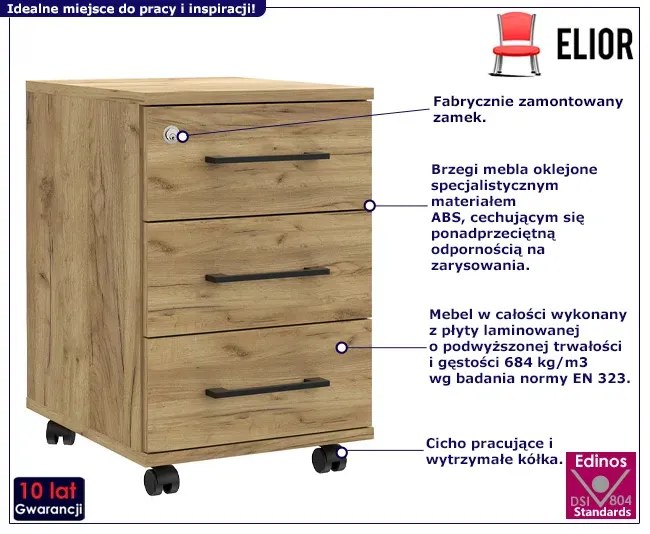 Zamykany Kontenerek Biurowy Z Szufladami Na Kółkach Dąb Craft S7-R86