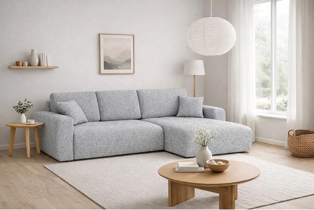 Narożnik w kształcie L z funkcją spania i pojemnikiem Ivo XL, tkanina szenilowa Artico, Cement, Prawy