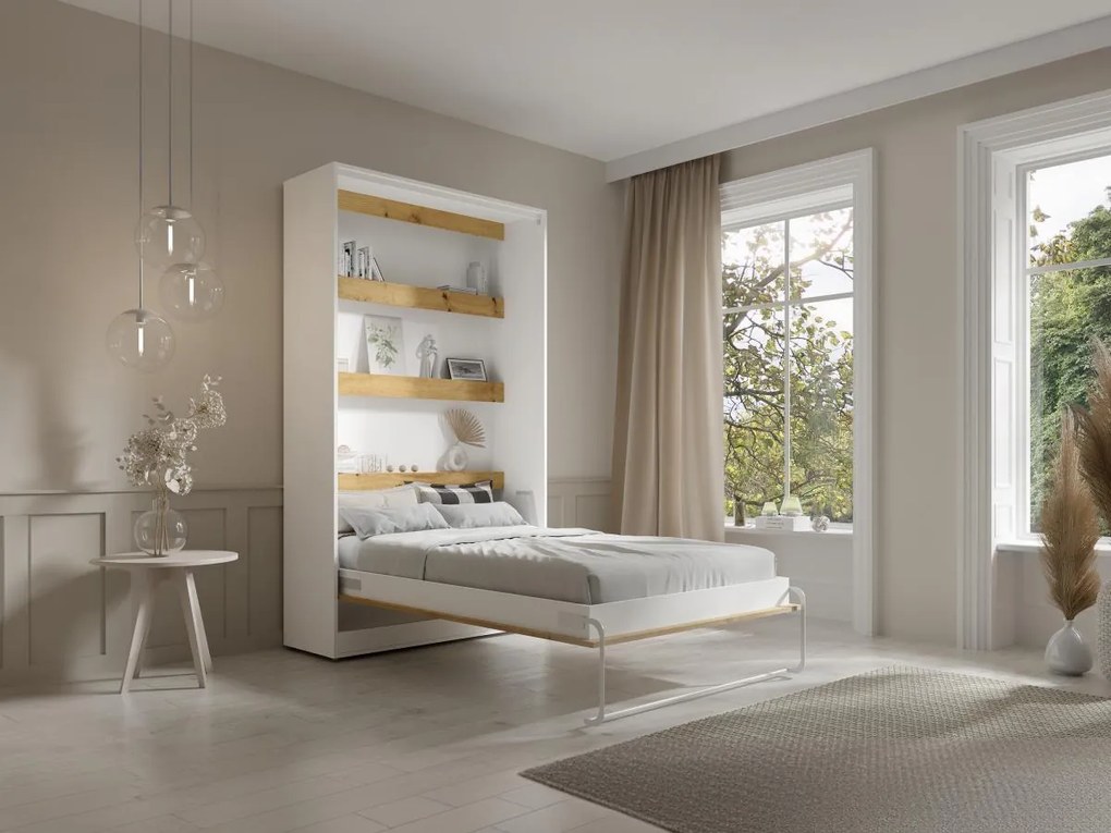 Łóżko chowane w szafie 120 × 200 cm – Otwieranie pionowe manualne – Oświetlenie LED – Białe i naturalne – RAPILI