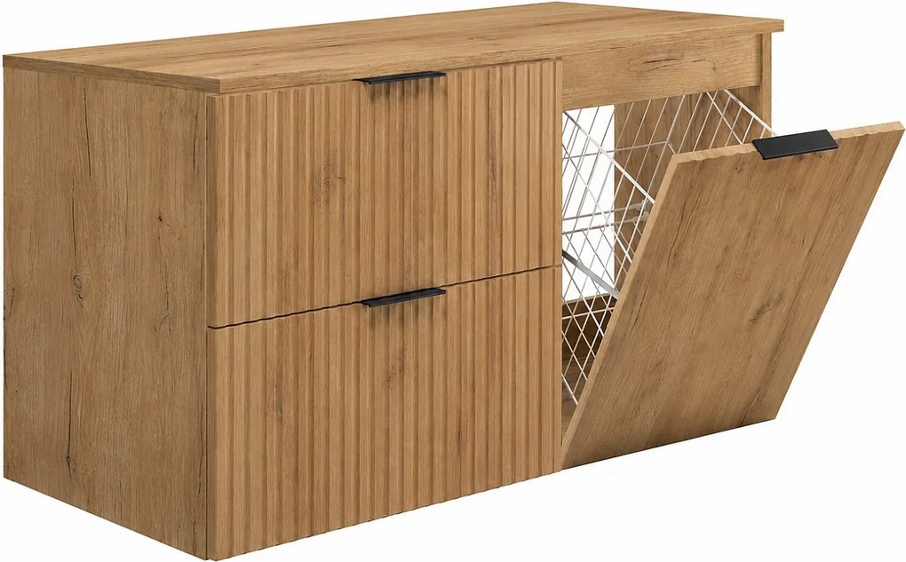 Zestaw mebli łazienkowych z koszem i blatem, czarne uchwyty, dąb craft, 100 x 46 x 58,6 cm