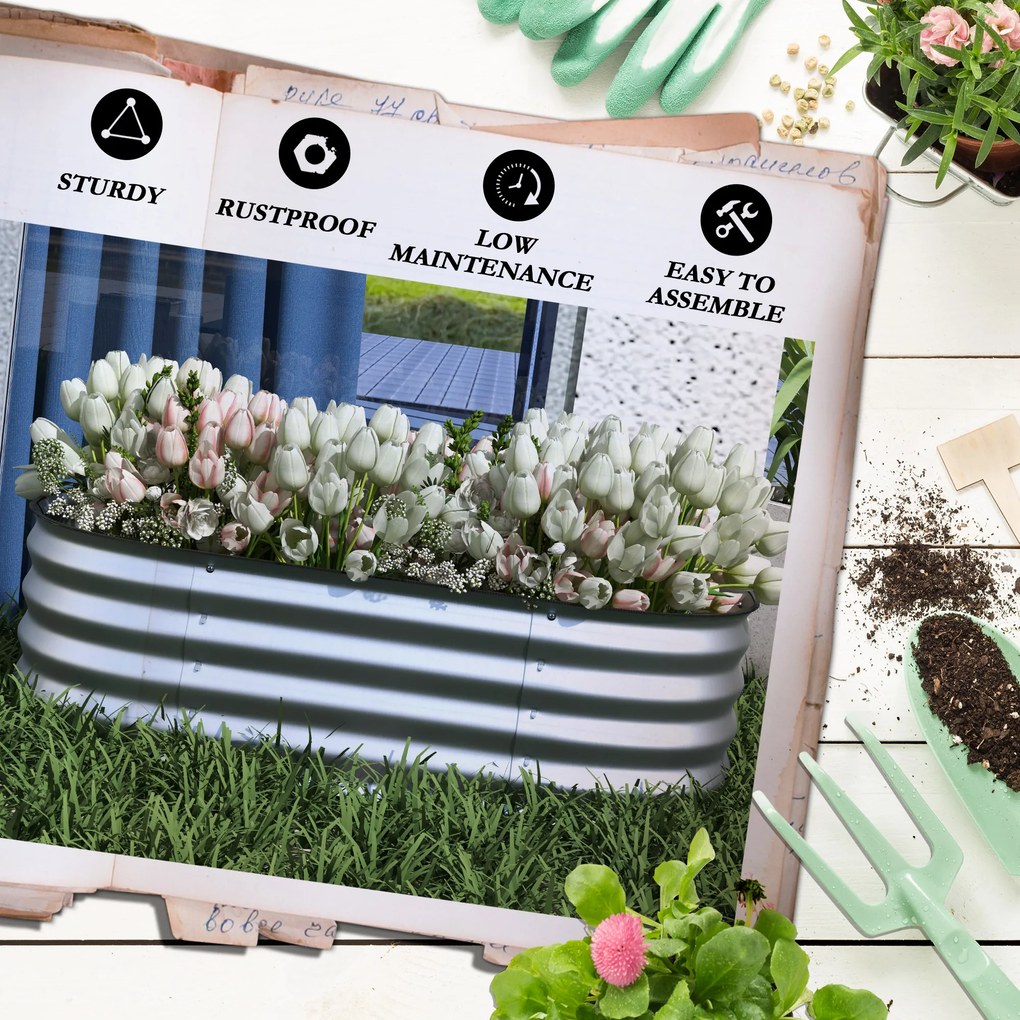Outsunny Hochbeet Donica Warzywna, modularne łóżko wysokie, zabezpieczone krawędzie, design bez dna,  105 x 62 x 30 cm, Srebrny