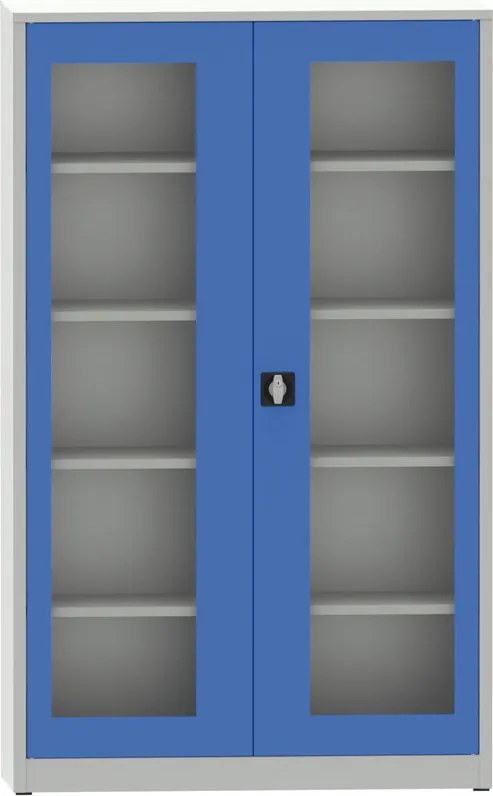 Spawana szafa półkowa z drzwiami z oknami z pleksi, 1950 x 1200 x 600 mm, szara/niebieska