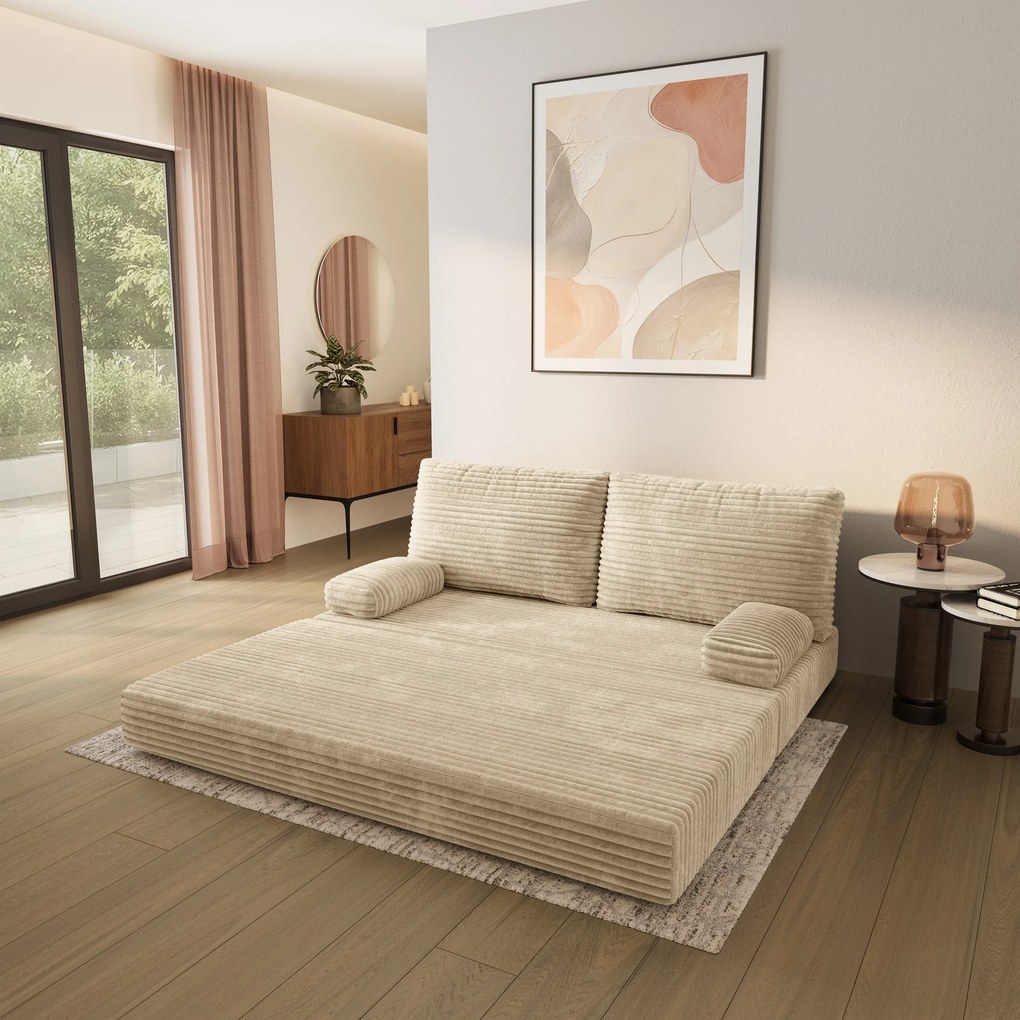 Masseno Sofa piankowa SILAR z funkcją spania, Kanapa z pianki do salonu, Bezmontażowa, Tkanina sztruksowa – Kremowy TILIA 03