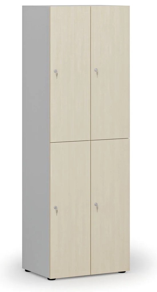 Drewniana szafka skrytkowa S4, 4 schowki, demontaż, zamek cylindryczny, szary/brzoza