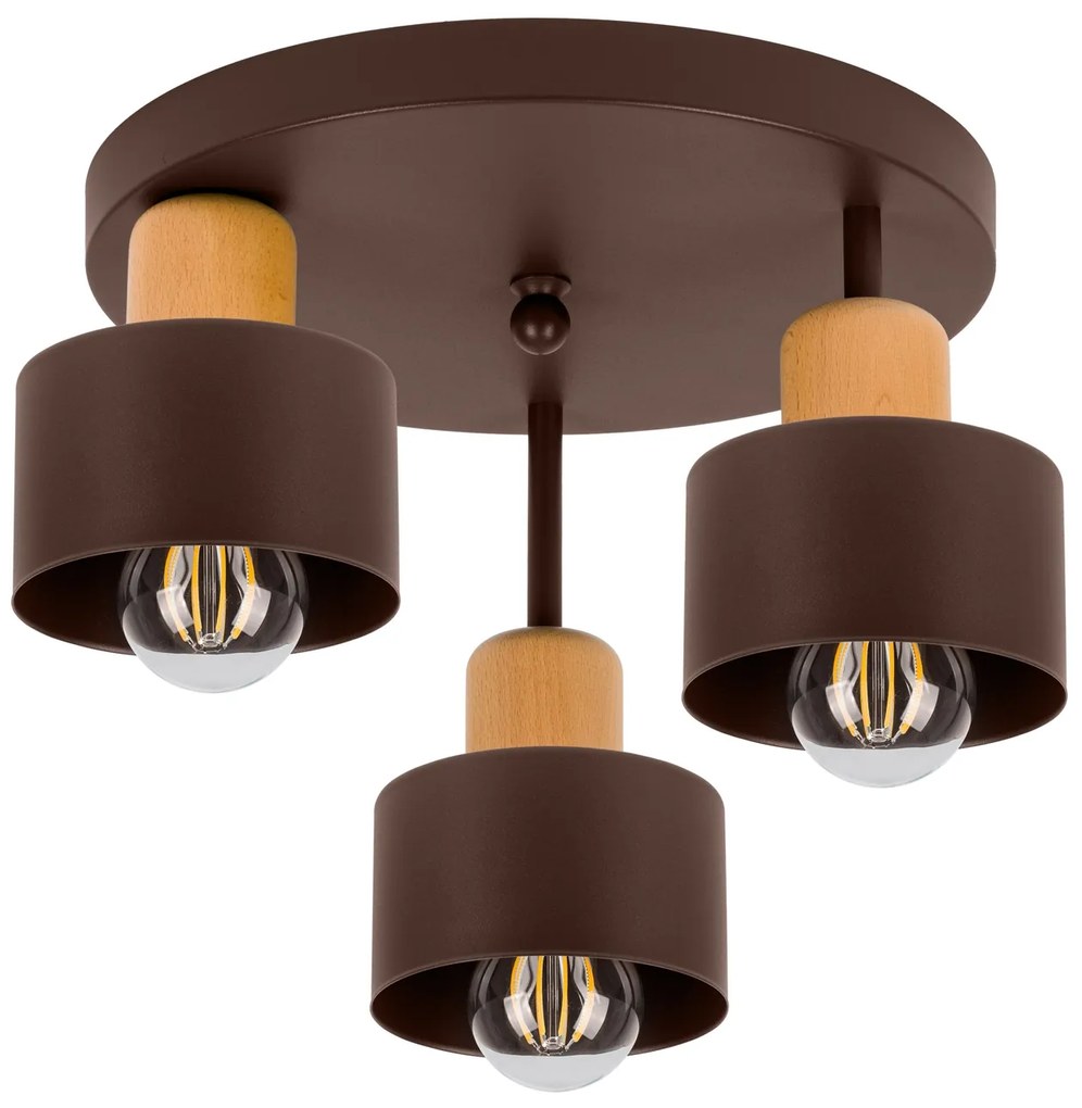 Brązowa lampa sufitowa, trzypunktowy spot DBU3030BR z drewna i metalu