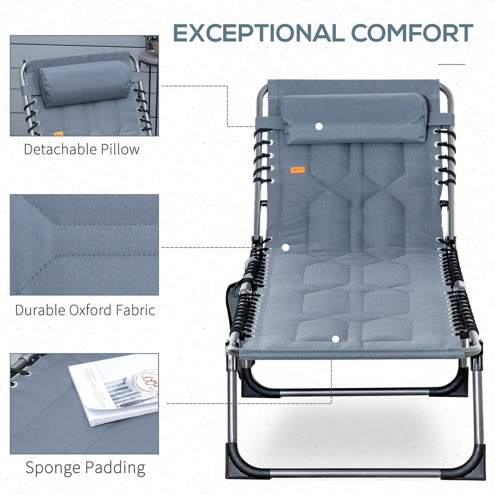 Outsunny Leżanka Ogrodowa Składana z Poduszką, Regulowane Oparcie w 5 Pozycjach, Tkanina Oxford, 188 x 57 x 30 cm, Szara