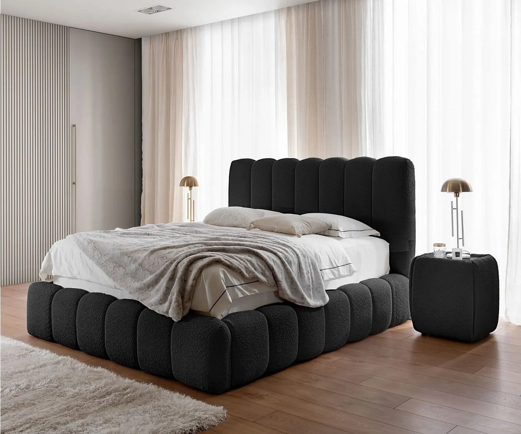 FURNISTAR Łóżko tapicerowane CHLOE z pojemnikiem 160x200|Łóżko dwuosobowe z pojemnikiem i stelażem|Wygląd boxspring|bez materaca|do sypialni-czarny