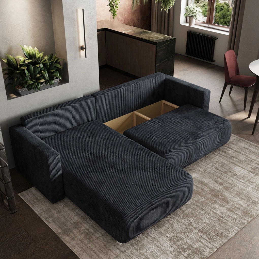 Masseno Narożnik TURIN z funkcją spania i pojemnikiem na pościel Narozniki L, Rozkładana sofa - Czarny, POSO 135