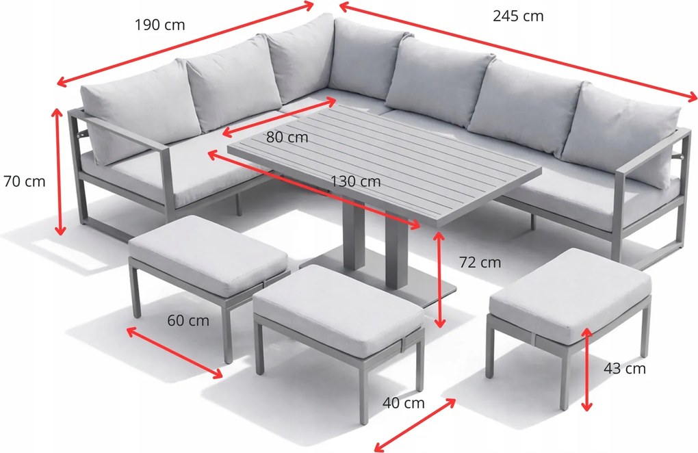 Narożnik ogrodowy Bellagio 003 z pufami i stołem, szary, poduszki beżowe