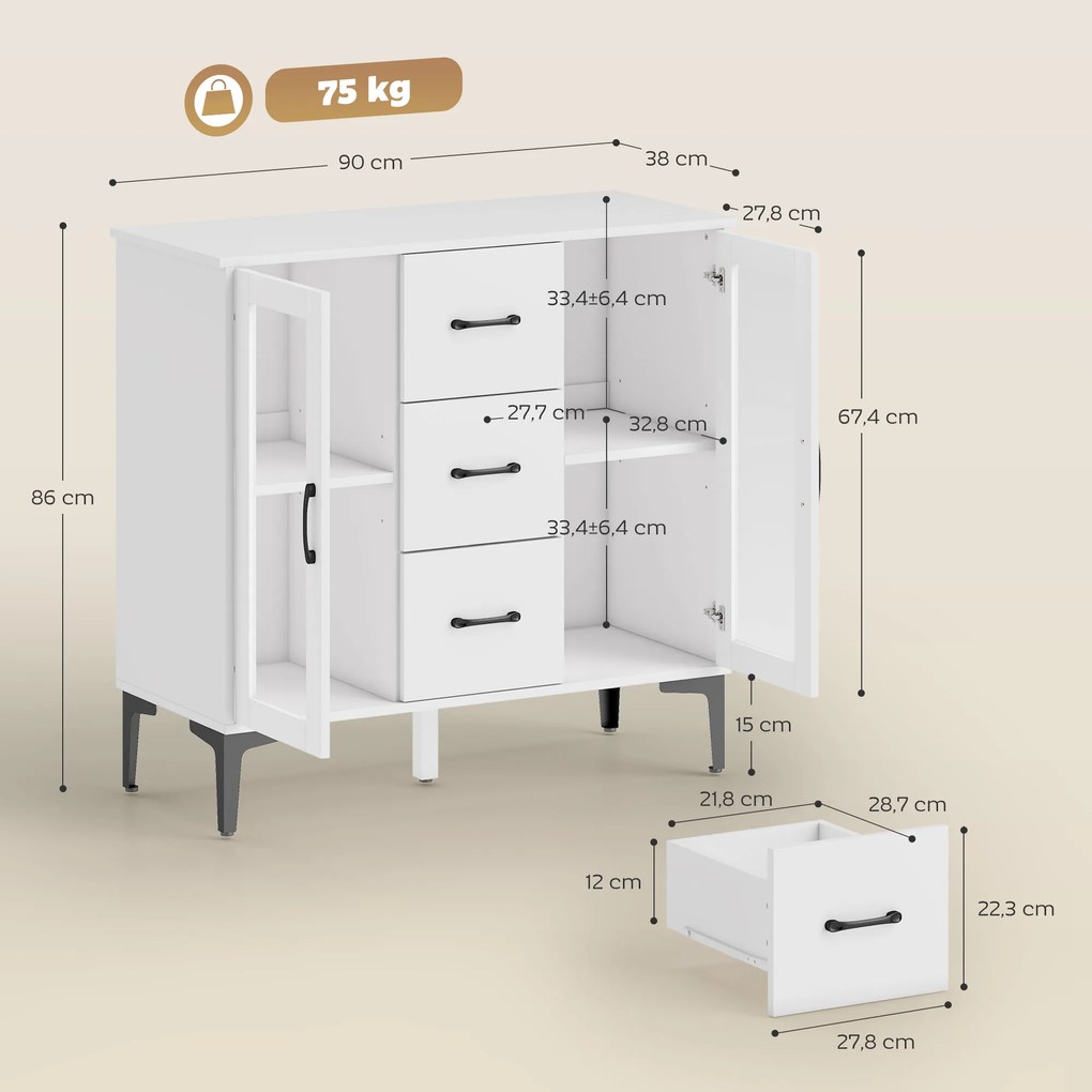 HOMCOM Nowoczesny sideboard z drzwiami z cichym domykaniem, kredens z 3 szufladami i 2 drzwiami ze szkła, regulowane półki, MDF, biały