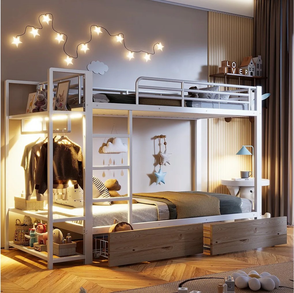 Łóżko piętrowe dla dzieci - 2 x 90 x 200 cm - rama żeliwna - z 2 szufladami + półki + diody LED - metalowe - białe