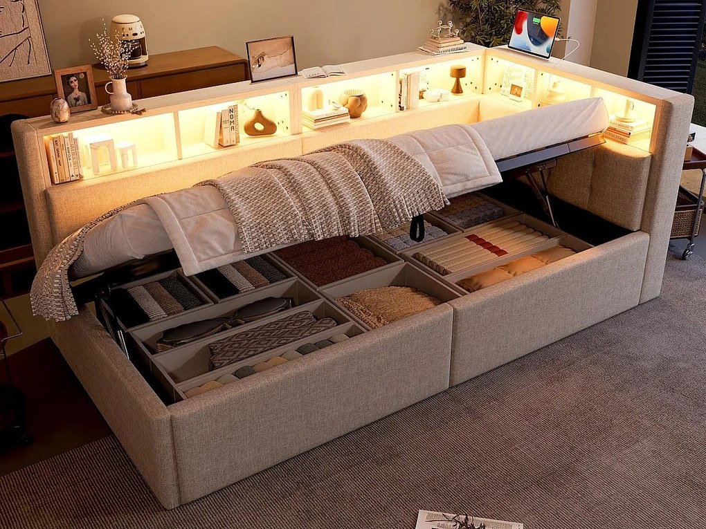 Sofa z funkcją spania 90x200 cm - z portami USB + Type-C - liczne schowki - z taśmą LED - beżowy (materac nie jest dołączony)