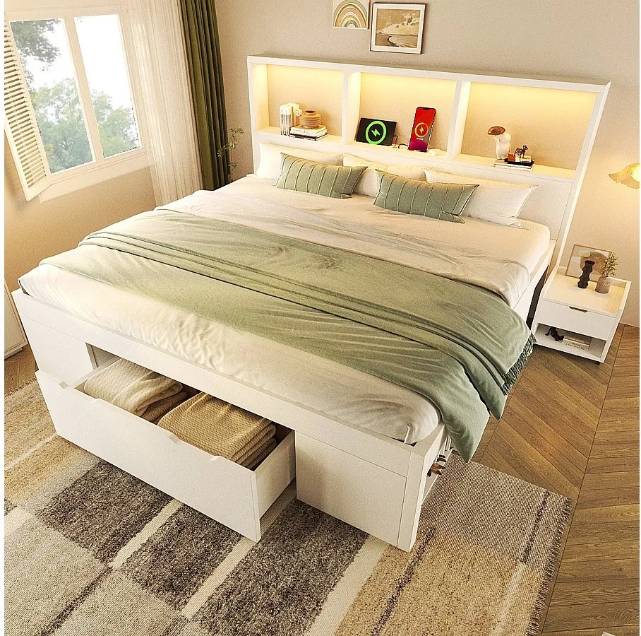 Łóżko pojedyncze drewniane z pojemnikiem - 140 x 190 cm - z wyjmowaną szafką nocną + diody LED + USB + szuflady + półki - białe