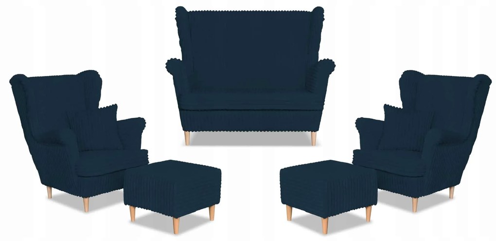 Zestaw uszak Rene Estella sofa fotele pufy Family Meble granatowy sztruks