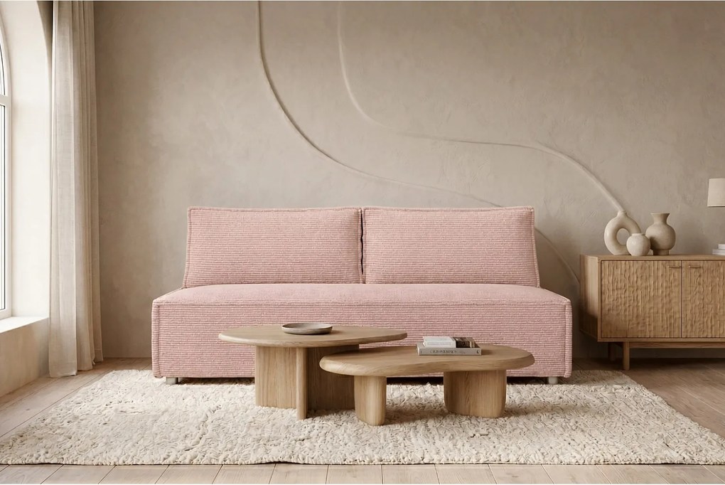 Sofa z funkcją spania i pojemnikiem DUO, tkanina sztruksowa Poso, Różowy