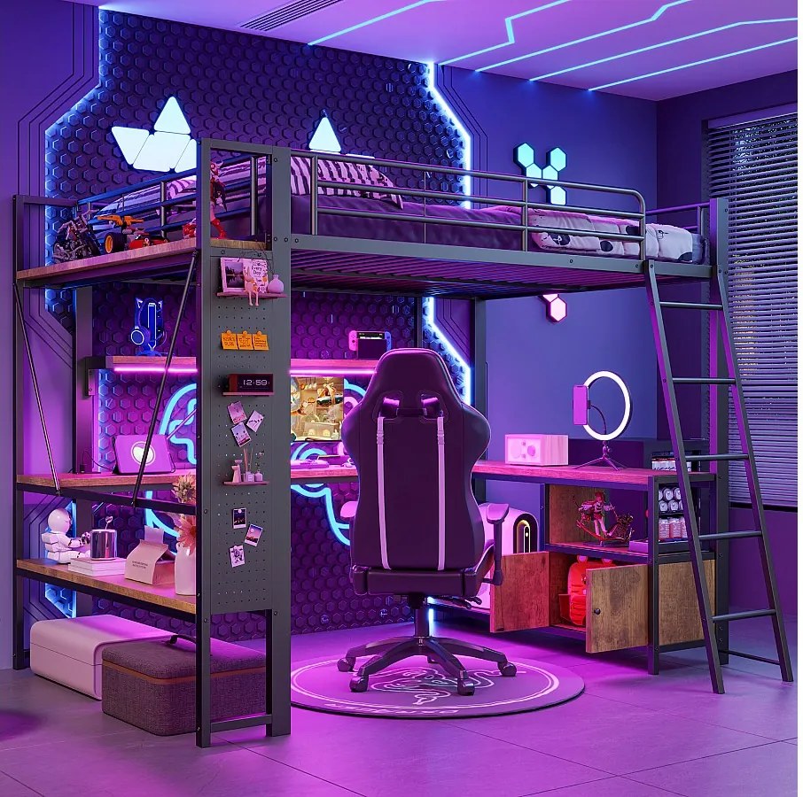 Łóżko piętrowe dla dzieci - 140 x 200 cm - rama żelazna - z diodami LED + biurko + półka + port USB - metalowe - czarne