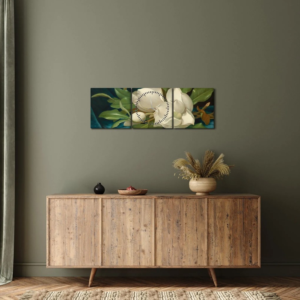 Obraz - Martin Johnson Heade, Giant Magnolias on a Blue Velvet Cloth, reprodukcje (z zegarem) (90x30 cm)