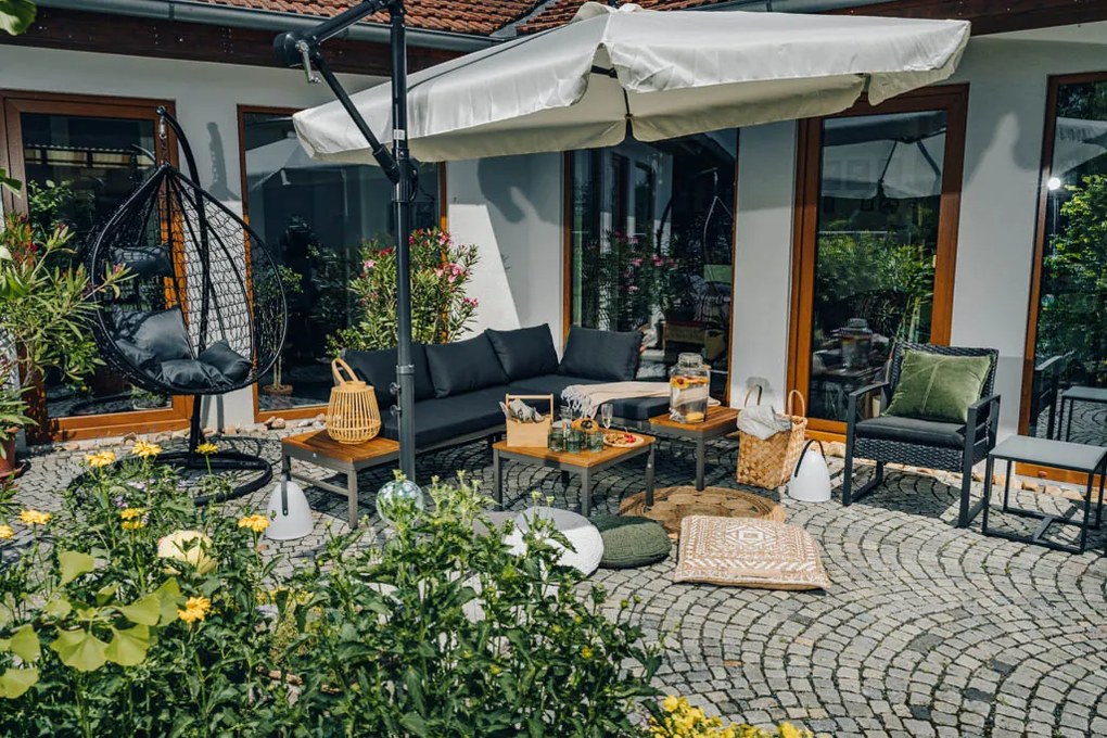 Czarne wiszące krzesło KOKON ze stojakiem, szara poduszka